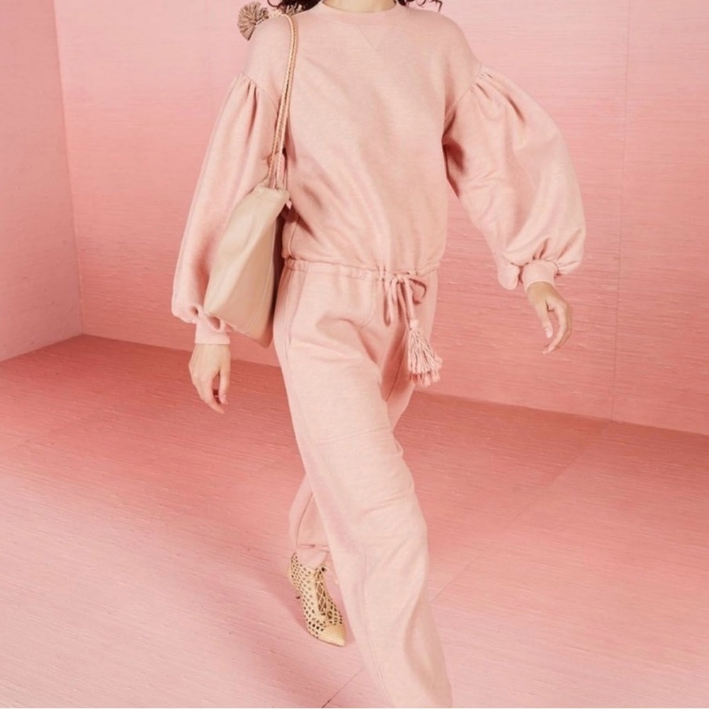 ULLA JOHNSON Damara Cotton Terry Long Sleeve‎ Jumpsuit Sweatsuit in Rose